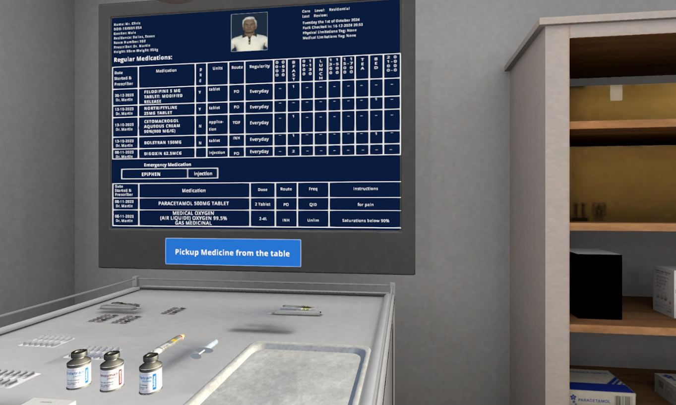 Medication training inside the Medi Mentor virtual simulation